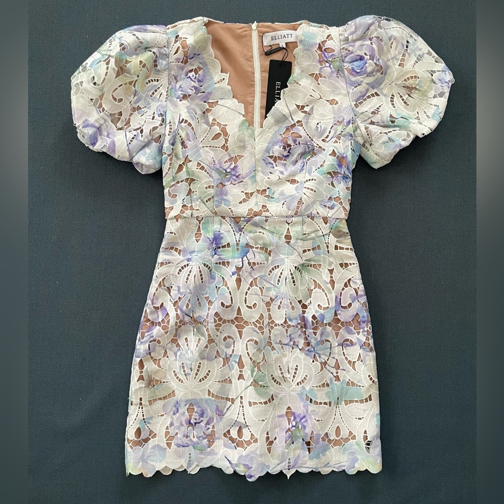 Elliatt White Lace Mini Dress with Lavender and Mint Floral Accents